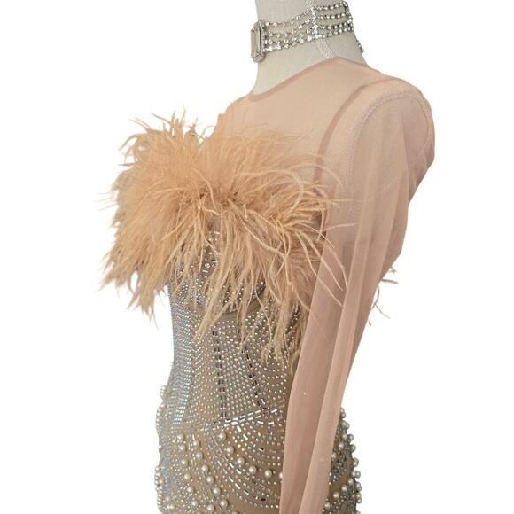 NWT Mesh Embellished Feather Bodycon MINI Dress Sz small - Picture 2 of 8